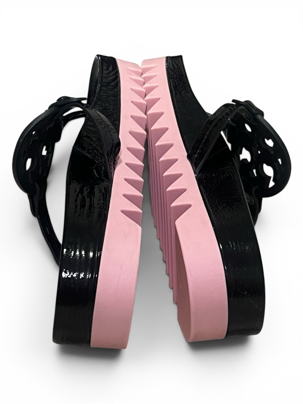 TORY BURCH Miller Cloud Lug Black Pink Leather Platform Sawtooth Sandals - Picture 2 of 16